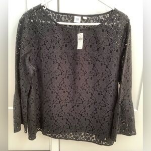 New Gap blouse NWT black floral lace top subtle gold thread bell sleeves L $89
